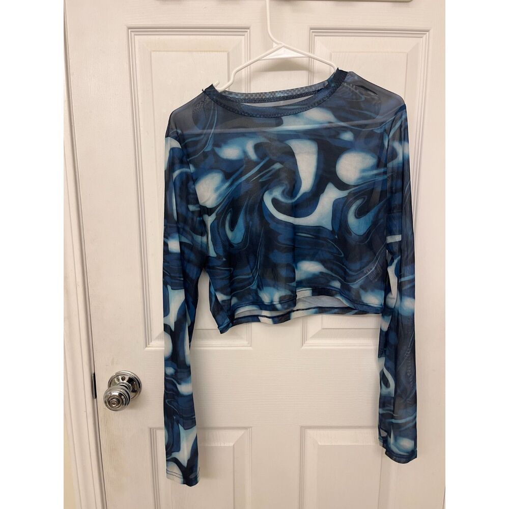 Solado Blue Abstract Swirl Mesh Long Sleeve Top XL Y2K